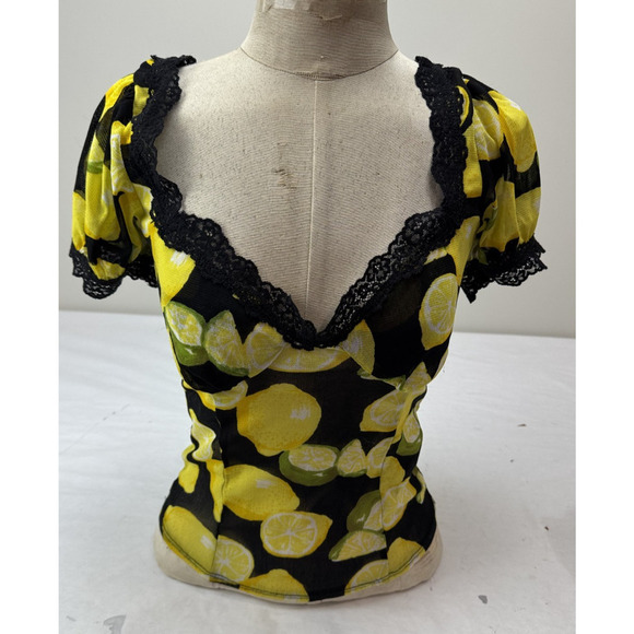 Y2K Kimchi Top Lemons Small Urban Outfitters Lace Yellow Black Cinched Sheer - Picture 1 of 9